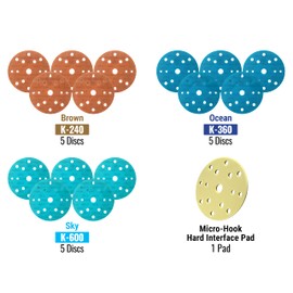 Super Assilex Flexible Sanding Disc Production Starter Kit, 15 Holes, SP19324, K240 - K600, 15 Discs + 1 Micro-Hook Interface Pad