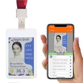 Electronic ID Badge Holders, 3.6 in 6 Color E-Paper Digital Business Card Blank Name Badges (Bluetooth APP Refresh), Office Employee Badge with Red Lanyard, Wireless Rechargable, Android iOS - 1pc