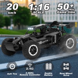 Remote Control Car RC Cars 1:16 All Terrain Monster Truck LED Headlights, Outdoor 2WD Off Road Hobby RC 2.4GHz High Speed 2 Rechargeable Batteries , 20Km/h RC Car Toys Gift for Kids Boys 3 4 5-12