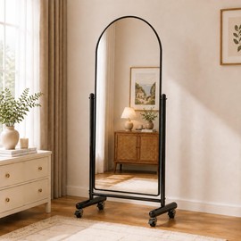 Arched Full Length Mirror with Wheels 65" x 24", Adjustable Tilt Floor Mirror, Tempered Glass Standing Mirror with Stainless Steel Frame for Bedroom Dressing Room