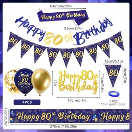 80th Birthday Decorations for Men,Navy Blue Gold 80th Birthday Party Decorations Include Happy 80th Birthday Banner,Triangle Flag Banner and Confetti Latex Balloons (80th Birthday)