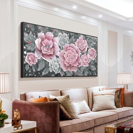 Oversized Framed Wall Art, Pink Flower Canvas Print Modern Pink & Grey Peony Blossom Artwork Extra Large Wall Picture Floral Decor for Living Room Bedroom Dining Room Office Home Décor