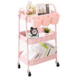 Danpinera 3-Tier Rolling Cart, Metal Storage Cart with Lockable Wheels, Hanging Cups & Hooks, Mobile Trolley for Kitchen, Bathroom, Office, Workshop, Pink