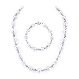 8mm White Freshwater Cultured Pearl & Amethyst Necklace & Bracelet