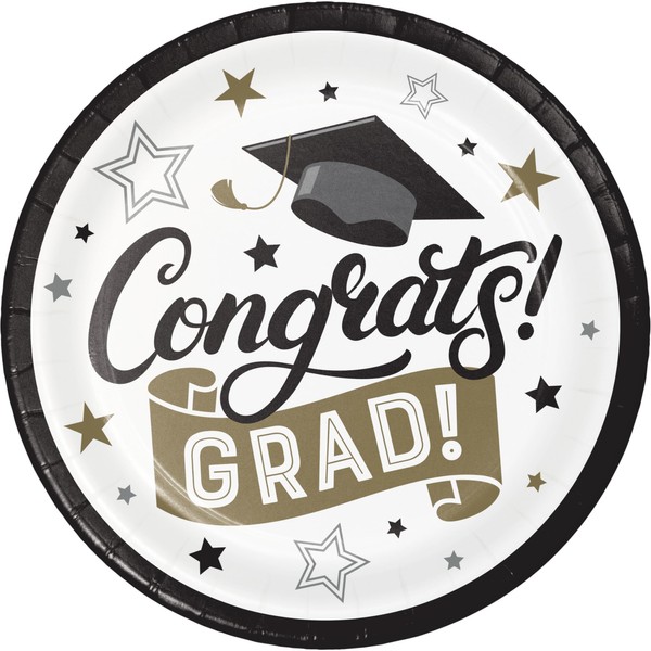 Trendware Glamorous Congrats Grad Black and Gold Graduation Paper Plates,