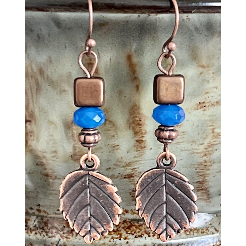 Copper Leaf and Blue Crystal Dangle Earrings. Jewelry Earrings for