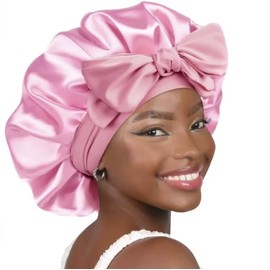 Hair Bonnet for Sleeping, Wide Extra Long Elastic Band Satin Bonnet Silk Bonnet Cap for Women Girls Satin Head Cover for Night Sleep Curly Hair Protection (UK, Alpha, One Size, Pink)