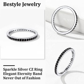 Bestyle Women Index Finger Ring Sterling Silver Stacking Rings Fashion Dainty Daliy Every Day Wear Bands Black Cubic Zirconia Ring Comfort Fit Size 6