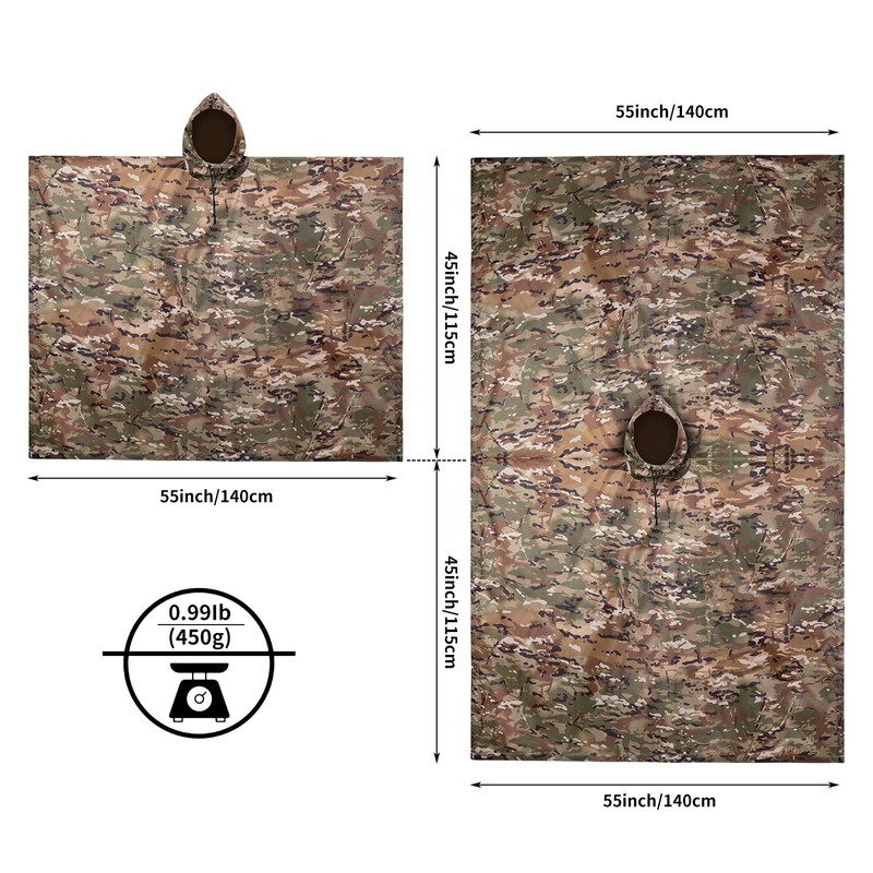 Fousam Rain Poncho, Military Tactical Poncho Camo Multi Use Waterproof,