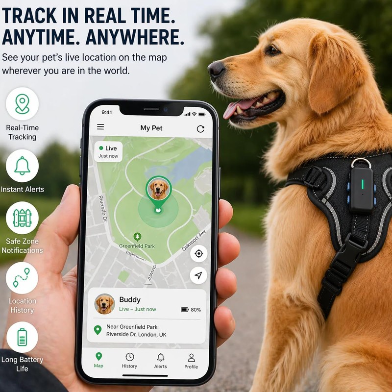 Dog GPS Tracker Real-Time Location, IP68 Waterproof 45g, 365-Day History
