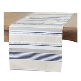 Occasion Gallery Khaki Polyester Blue Striped Coastal Kitchen Dining Table Runner, 16" X 54"