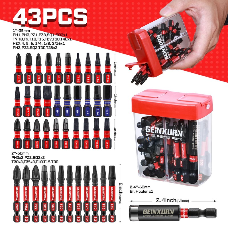 Geinxurn 43Pieces Impact Screwdriver Bits Set with Colorful Boxes, Magnetic