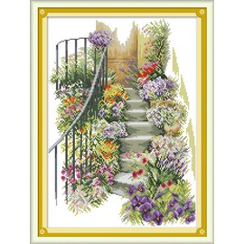WOWDECOR Cross Stitch Embroidery Kits for Adults Kids, Colorful Flowers Stairs 11CT Stamped DIY DMC Needlework Easy Beginners