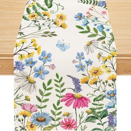 Spring Table Runner, Wildflowers Floral Butterfly Table Decoration Seasonal Summer Home Kitchen Dining Table Indoor Outdoor Farmhouse Decor 13x36 Inch