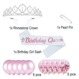 Queen Sash and Tiara Kit - Pink Letter White Sash, Crystal Silver Tiara, Balloons for Women's Birthday Party Decorations
