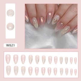 Aurora Gradient Press on Nail,Long Almond Fake Nail,Glossy Sun Moon Design False Nail,Full Cover Reusable Artificial Nail with Stick on Nail,Natural Glue on Nail for Women Manicure Charm Decoration