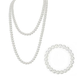 LEEQBCR 1 Piece Pearl Necklace White 150cm, 1 Piece Pearl Bracelet, 1920s Costume Accessories Long Pearl Necklace, Ladies White Elegant Faux Pearl Necklace