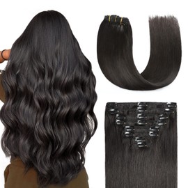 Sunya Clip-In Real Hair Extensions Natural Black Real Hair Extensions Clip-In Hair Extensions Natural Straight Hair Extensions for Women Invisible 55 cm 120 g 8 Pieces