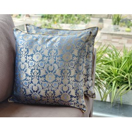 Craftbot Blue Gold Throw Pillow Covers - Pack of 2 Faux Silk Brocade Damask Decorative Pillows - 18X18 Inch - Indian Jacquard Cushion Cover-Cover Only