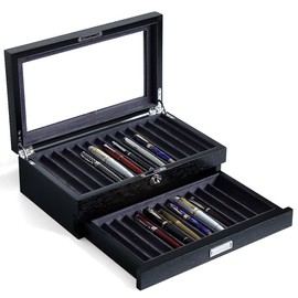 Bonaking Pen Display Case with 24 Pen Slots, Fountain Pen Display Case, Wood Pen Storage Organizer, Pen Display Box for Men Gift, Pen Case with Glass Window(black ash veneer finish, dark gray velvet)