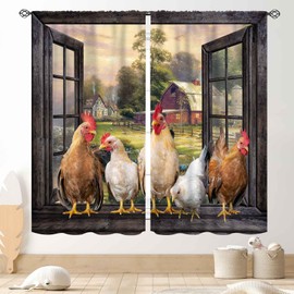 TKUYO Rooster Kitchen Curtains, Farmhouse Country Farm Animal Rural Rustic Chicken Pattern Printed Blackout Window Drapery Treatments for Bedroom Living Room Dining Room 2 Panels, 63"x63" Inch