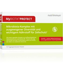 nutrimmun MyBIOTIK?PROTECT I made by nutrimmun I For 15 days I 11 active bacterial cultures I Proven strain specificity I Vitamin B2 I Powder I Vegan I Gluten-free I Lactose-free I Laboratory tested