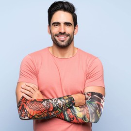 Juego de 12 Mangas de Tatuaje Mangas de Brazo de Protección Solar Falsas Guantes de Brazo de Flor de Elasticidad Suaves Ciclismo (Patrón Clásico, L)