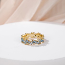 Gloffery 14K Gold Plated Eternity Ring Band for Women Princess Cut Created Blue Aquamarine CZ Stackable Wedding Promise Rings for Her Size 5-10(Size 8)