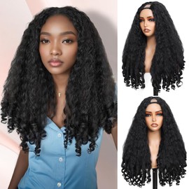 Yacurcur Afro Wig V Part Kinky Curly Wigs for Black Women 180% Density Wear and Go Glueless Wig with Unique Bouncy Curls in the End Synthetic Black No Leave out Clip in 24 Inch(#1B)
