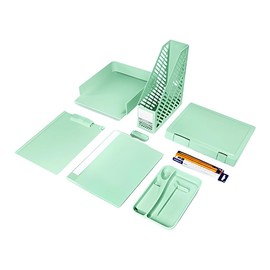 AddValue Pastel Desk Organizer Set Mint – 8-Piece Collection: File Tray, Paper Rack, Clipboard, 40-Sheet Clear File, File Case, Pen Tray, HB Yellow Pencils, Sliding Eraser