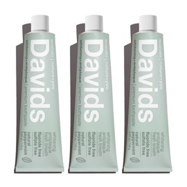 Davids Natural Toothpaste for Teeth Whitening, Peppermint, Antiplaque, Fluoride Free, SLS Free, EWG Verified, Toothpaste Squeezer Included, Recyclable Metal Tube, 5.25oz (3 Pack)