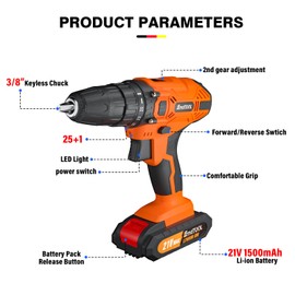 21V Cordless Drill Set, 400 in-lb High Torque Electric Drill, 2-Variable Speed, Power Drill with 3/8 Inch Keyless Chuck & 29pc Accessories & 2 Batteries & Charger & Storage Case(Orange)