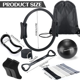RoundFunny Pilates Ring Circle Set 18 Pcs Exercise Equipment Accessories for Women Workouts Pilates Ball Stretching Strap Magic Circle Yoga Ring Gym Back Bag Resistance Band Anti Slip Socks(Black)