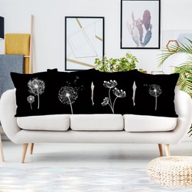 Aoihrraan 18 x 18 Inch Dandelion Cushion Covers Spring Natural Flower Painting White And Black Square Linen Throw Pillow Covers Farmhouse Sofa Living Room Outdoor Garden Couch, 46x46cm Set of 4