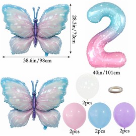 Kiwochy Gradient Pink Schmetterling Ballons 2. Geburtstag Dekoration Mädchen Deko 2 Jahre Schmetterling Geburtstag Party Set Riesige Bunte Schmetterling Folie Ballon für Schmetterling Party Supplies