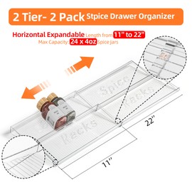 PanPanPal Spice Drawer Organizer, 2 Tier- 2 Pack Clear Acrylic Drawer Seasoning Organizer, Expandable From 11'' to 22'' Kitchen Spice Rack Organizers and Storage for Drawer (Jars not included)