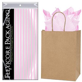 Flexicore Packaging Natural Brown Kraft Paper Gift Bags & Light Pink Gift Wrap Tissue Paper | Size: 8 Inch X 4.75 Inch X 10.5 Inch | Count: 5 Bags | Color: Light Pink Pin Stripe