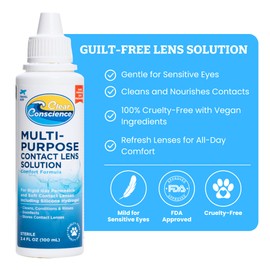 Cruelty-Free Multipurpose Contact Solution Travel Size - Mild Cleaner & Conditioner for Eye Contact Lens Care by Clear Conscience, 3 Fl oz (4 Pack)