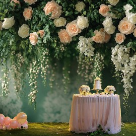 7X5FT Greenery Flower Wall Backdrop, Spring Pink Rose Floral Photography Background, Happy Birthday Wedding Party Decoration Banner, White Flower Portrait Photo Booth Shoot Props (Polyester)