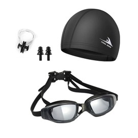 BTtime Swim Cap, Swimming Goggles, Adjustable Belt, UV Protection, Wide Field of View, Anti-Fog, Nose Clip, Ear Plugs, Unisex, Swimming Goggles, Leak Prevention, For Swimming, Hot Springs, Beach