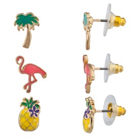 Lux Accessories Gold Tone Tropical Tree Pink Flamingo Yellow Pineapple Earrings