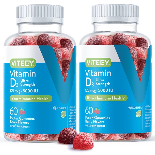 Vitamin D3 Gummies Ultra Strength 125mcg 5000 IU - Bone Health, Immune Health, Joint Muscle Support - Dietary Supplement, Pectin Chewable Gummy - for Adults Teens & Kids - Berry Flavor Jelly Chews
