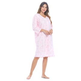 Casual Nights Women's Flannel Long Sleeve Nightgown, Floral Lounger House Dress - Pink - Large