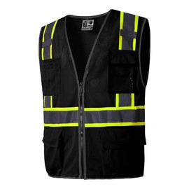SKSafety High Visibility Reflective Safety Vest With 10 Multi-Functional Pockets + 2 Mic Straps, Meet ANSI/ISEA 107-2020 Standards, Type R Class 2 Safety Vest(Black Yellow Strips-Mesh Back,5X-Large)