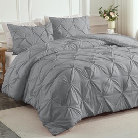 Andency Medium Gray Pinch Pleat Comforter Full(79x90Inch), 3 Pieces(1 Down Alternative Comforter and 2 Pillowcases) Grey Bed Set Microfiber Pintuck Bedding Set