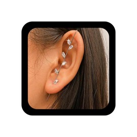 Inilbran Boho Rhinestone Leaf Earrings Stick Ear Wrap Earring Gold Ear Wrap Crawler Hook Earrings Gold Edge Pin Hook Cuff Earrings Inlaid Rhinestone Hook Earrings Jewellery for Women, Alloy Steel