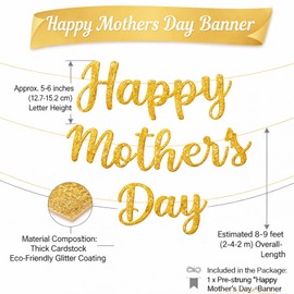 Happy Mother’s Day Banner – Glitter Letter Garland for Mother’s Day Decorations, Spring Party, Family Gathering, Holiday Decor, Home Wall Hanging, Photo Booth Props Party Supplies (Gold)