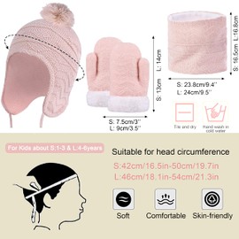 CheChury Winter Hat Scarf and Gloves Set Unisex Kids Winter Warm Cable Knitted Earflap Beanie Hat with Pompom Fleece Lined Mittens Outdoor Activity for Boys and Girls for 1-6 Years Old Kids