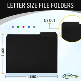 Black File Folders, 1/3-Cut Tabs, Letter Size, 12-Pack – Durable Office Filing Folders for Documents, Papers, and Organization