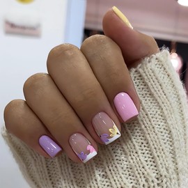 Flower Press on Nails Short Square Nails Press Ons Pink Purple Flower Fake Nails with Cute Design Short False Nails Summer Glossy Stick on Nails for Women Ombre Cute Yellow Acrylic Glue on Nails Kit
